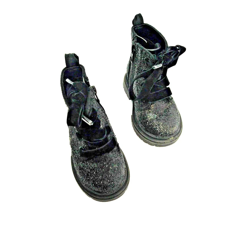 Black Glitter Zip Up Boots DecorativeLace MiniGoth Glam Toddler Whimsical Size 5